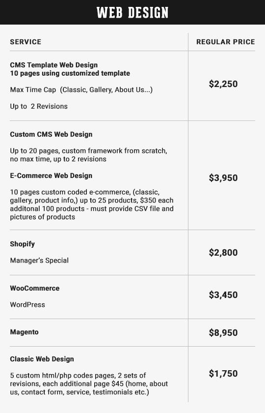 Price List Web Design & SEO