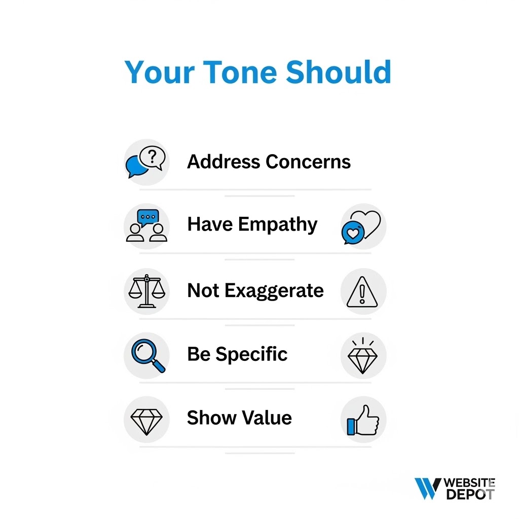 SEO Strategies Dictate That Your Blog's tone Should Address Concerns, Be Empathetic, Specific, Not Exaggerate, and More. 